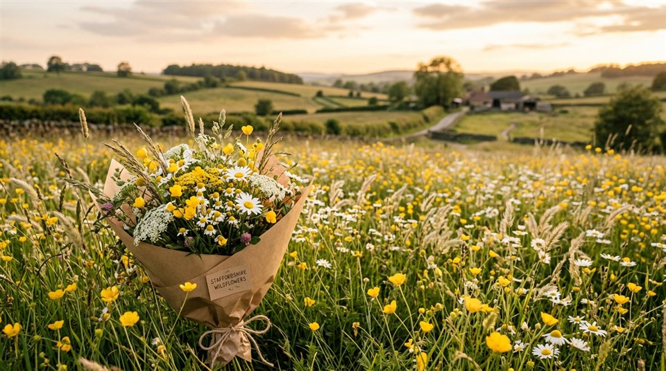 Hand-tied rustic florist bouquet of buttercups and daisies in a Staffordshire meadow