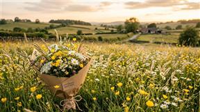 Hand-tied rustic florist bouquet of buttercups and daisies in a Staffordshire meadow
